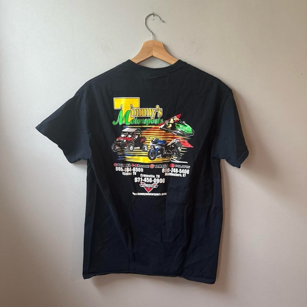 2000s Tommy’s Motorsports black cotton t-shirt with multi-coloured graphics